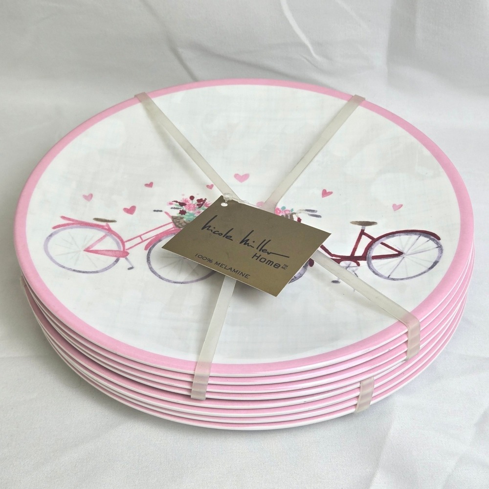 8 Nicole Miller Home Melamine Plates 9" Bicycles Flowers Hearts White Pink New
